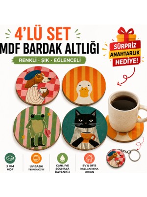 Kids Town Woodtown Retro Hayvan Figürlü Mdf Bardak Altlığı 4'lü Set | Uv Baskılı Yuvarlak Kahve Çay Altlığı