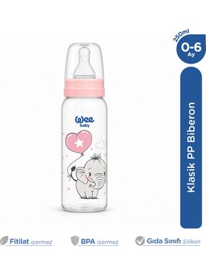 Wee Baby Klasik Pp Yuvarlak Uçlu Bebek Biberonu 250 Ml Yavaş Akış 0-6 Ay Pembe