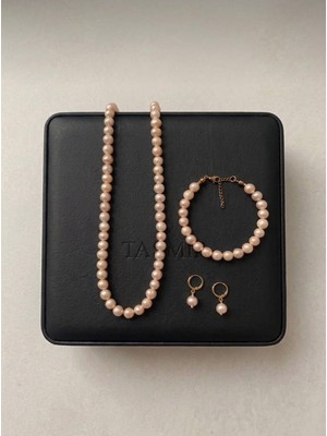 Taşmir Sertifikalı Gerçek Doğal Pembe Inci Kolye Bileklik Küpe Set Kuğu Charm
