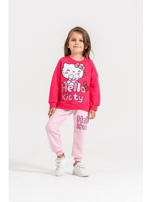 Cg Kids Baskılı Fuşya/pembe Renk Detaylı 3iplik Sweatshirt & Eşofman Baskılı Alt Üst Takım