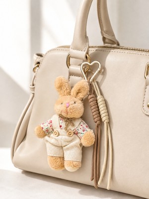 Kumru Studio Peluş Tavşan Figürlü Krem & Kahverengi Çanta Charmı ve Anahtarlık