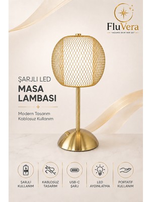Fluvera Gold Telli Şarjlı Masa Lambası | Kablosuz LED Gece Lambası | Usb-C Şarjlı Dekoratif Taşınabilir Lamba
