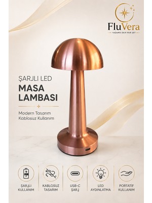 Fluvera Rose Bakır Mantar Şarjlı LED Masa Lambası Metal Kablosuz Dekoratif Gece Lambası Usb-C