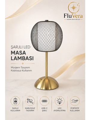 Fluvera Şarjlı Siyah Telli LED Masa Lambası Kablosuz Dokunmatik Usb-C Taşınabilir Dekoratif Gece Lambası