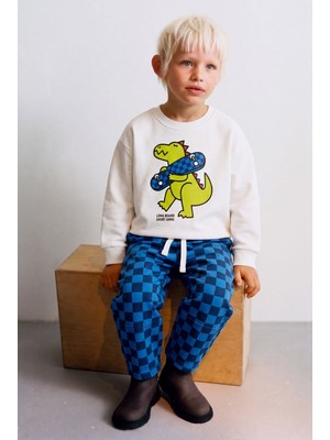 Magu Çocuk Pamuklu Dinozor Baskılı  Sweatshirt ve Mavi Dama Eşofman Takımı