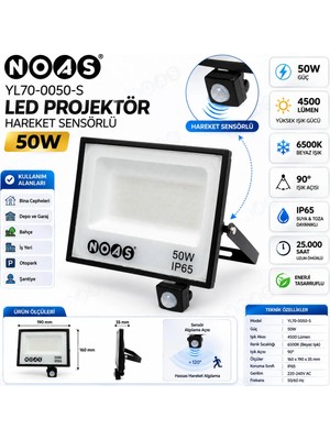 Noas Hareket Sensörlü LED Projektör 50W IP65 6500K 4500 Lümen