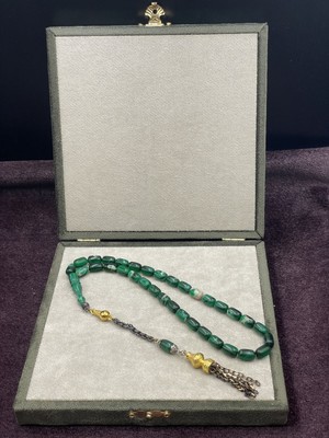 Lineacraft Gold Renkli Alpaka Aksamlı Sıkma Kehribar Tesbih (Yeşil Tonları, 7X11 Mm)