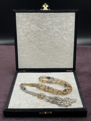Lineacraft Alpaka Damla Uçlu Çift Renk Sıkma Kehribar Tesbih (Krem-Siyah, 7X11 Mm)