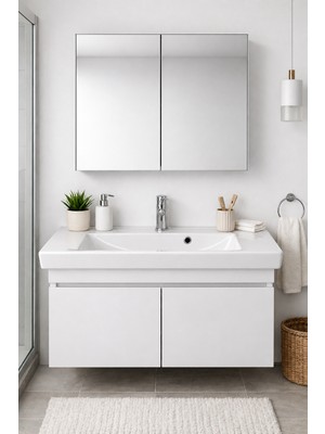 Dmz Home Concept 85 cm Banyo Dolabı Takımı %100 Mdf Aynalı Üst Dolaplı Turkuaz Porto Seramik Lavabolu