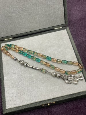 Lineacraft Alpaka Damla Uçlu Karışık Sıkma-Ateş Kehribar Tesbih (Bal-Turkuaz, 7X11 Mm)
