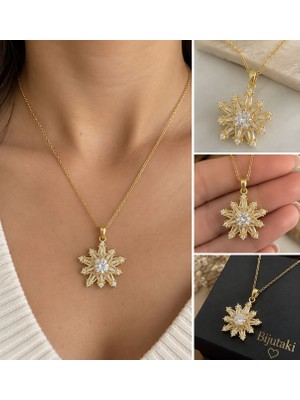 Bijutakı Işıltılı Kar Tanesi Yıldız Figürlü Taşlı Kolye Gold