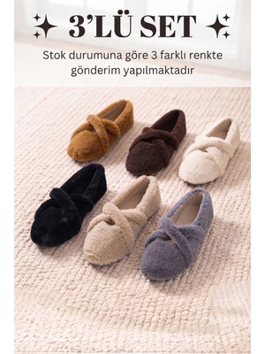 ModaFrato 3'lü Paket Br-22 Çapraz Kadın Ev Babeti Panduf Kadın Ev Ayakkabısı Ev Botu Yumuşak Rahat Taban Içi Sıcak Tutan Yapı