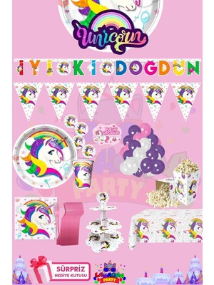 St. Morritz Unicorn 16 Kişilik Sürpriz Hediye Kutulu Doğum Günü Parti Malzemeleri Seti