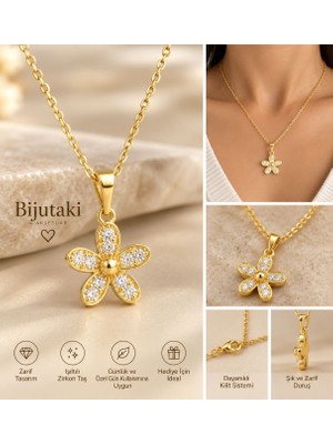 Bijutakı Gold Çiçek Figürlü Zirkon Taşlı Işıltılı Kadın Kolye