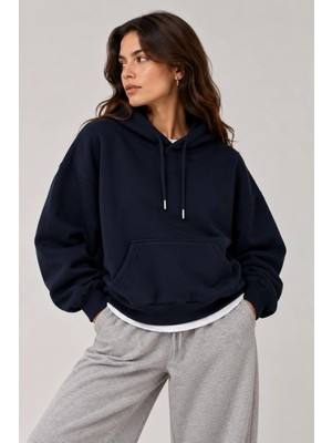 Vadon 1047 Kadın Kapüşonlu Kanguru Cepli 3 Iplik Pamuklu Sweatshirt Lacivert