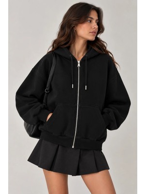 Vadon 1048 Kadın Fermuarlı Kapüşonlu Kanguru Cepli 3 Iplik Pamuklu Sweatshirt Siyah