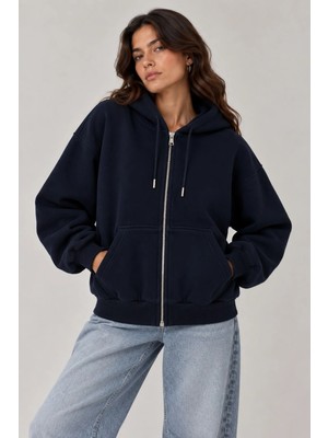 Vadon 1048 Kadın Fermuarlı Kapüşonlu Kanguru Cepli 3 Iplik Pamuklu Sweatshirt Lacivert