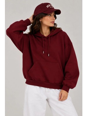 Vadon 1047 Kadın Kapüşonlu Kanguru Cepli 3 Iplik Pamuklu Sweatshirt Bordo