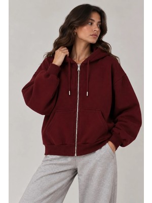 Vadon 1048 Kadın Fermuarlı Kapüşonlu Kanguru Cepli 3 Iplik Pamuklu Sweatshirt Bordo