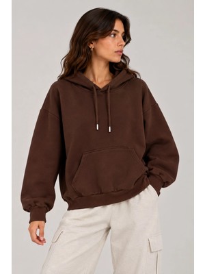 Vadon 1047 Kadın Kapüşonlu Kanguru Cepli 3 Iplik Pamuklu Sweatshirt Kahverengi