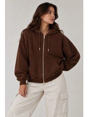 Vadon 1048 Kadın Fermuarlı Kapüşonlu Kanguru Cepli 3 Iplik Pamuklu Sweatshirt Kahverengi