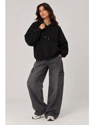 Vadon 1047 Kadın Kapüşonlu Kanguru Cepli 3 Iplik Pamuklu Sweatshirt Siyah