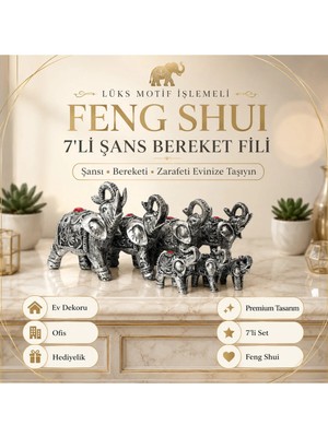 St. Morritz Lüks Motif Işlemeli Feng Shui 7’li Şans Bereket Fil Heykeli Biblo Seti Ev Ofis Yeni Yıl Hediyesi 7