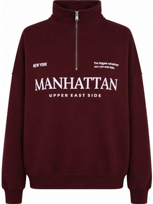 Trender Manhattan Baskı Yarım Fermuarlı Vişne Kadın Sweatshirt 27KDT1000023