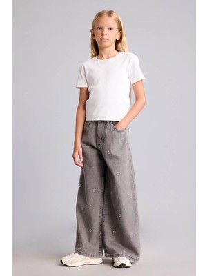 Defacto 90's Wide Leg Desenli Açık Gri Kız Çocuk Jean Pantolon I4476A8/NM18