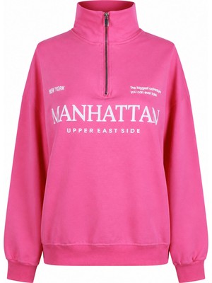 Trender Manhattan Baskı Yarım Fermuarlı Pembe Kadın Sweatshirt 27KDT1000023