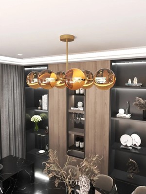 St. Morritz Vella 6'lü Glop Bal Rengi Cam Detaylı Modern Lüks Avize