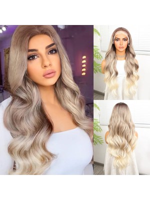 Belirtilmemiş Kumral Platin Ombre  ve Röfleli Fiber Sen Geniş Daalı Tül Peruk