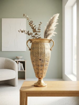 Panalı Metal Dekoratif Antik Gold Vazo  63 x 27 cm