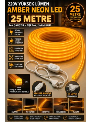 Econa 25 Metre Amber 220V Neon LED Şerit ,tak Çalıştır Set, Fişli Anahtarlı Esnek Şerit Led, ,turuncu Led,mutfak,tezgah Ledi,led Şerit Işık ,ambiyans Işık Havuzu, Kendinden Yapışkanlı,kehribar LED