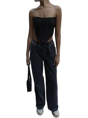 YM PAZARLAMA Kadın Arkadan Yırtmaçlı Jeans Kot Palazzo Pantolon - Siyah