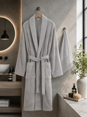 Belinis Lüks Pamuklu Bornoz ve Havlu Takımı - Geometrik Nakış Detaylı Gri Set 1 Adet Bornoz 1 Adet Baş Havlu Kadın Erkek Unisex