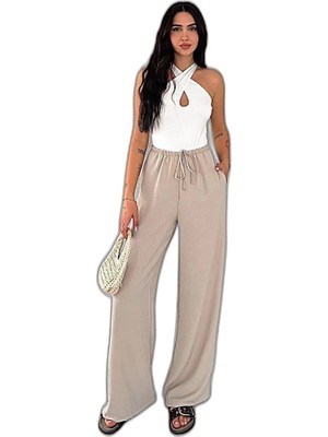 YM PAZARLAMA Kadın Ayrobin Oversize Kadın Pantalon - Bej