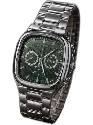 YM PAZARLAMA Erkek Gümüş Metal Kordon Analog Kol Saati Yeşil Kadran Takvim Göstergeli - Gümüş