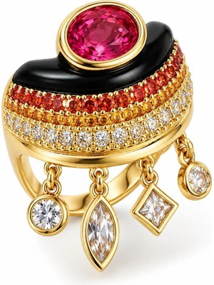 Hector&Co. Jewellery Tasarım Pembe Taşlı Sallantılı Statement Yüzük – Altın Kaplama