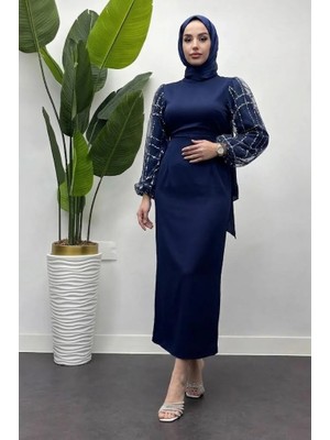 Tesettür Diyarı Angelica Kolları Sim Detaylı Abiye - Lacivert