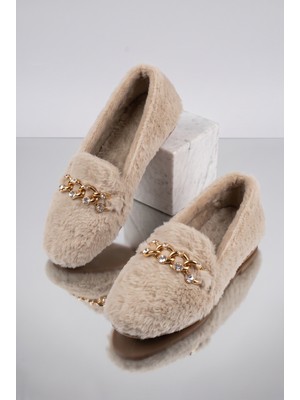 Nmoda Kadın Peluş Panduf Gold Zincir Taşlı Aksesuarlı Kapalı Loafer Yumuşak Tabanlı Kışlık Rahat Babet
