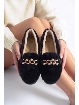 Nmoda Kadın Peluş Panduf Gold Zincir Taşlı Aksesuarlı Kapalı Loafer Yumuşak Tabanlı Kışlık Rahat Babet