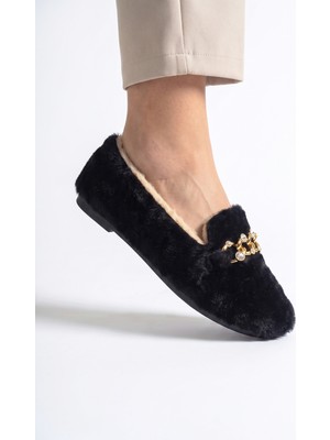 Nmoda Kadın Peluş Panduf Gold Zincir Taşlı Aksesuarlı Kapalı Loafer Yumuşak Tabanlı Kışlık Rahat Babet