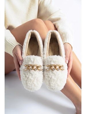 Nmoda Kadın Peluş Panduf Gold Zincir Taşlı Aksesuarlı Kapalı Loafer Yumuşak Tabanlı Kışlık Rahat Babet