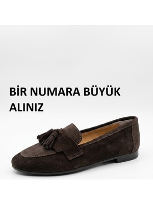 Noxmark Hakiki Deri Süet Püskül Detaylı Kadın Loafer Ayakkabı