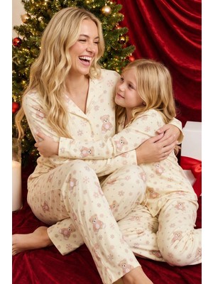 Siyah İnci Yılbaşı Temalı Desenli Termal Kumaşlı Ultra Soft Yumuşak Düğmeli Örme Pijama Takımı 26226817