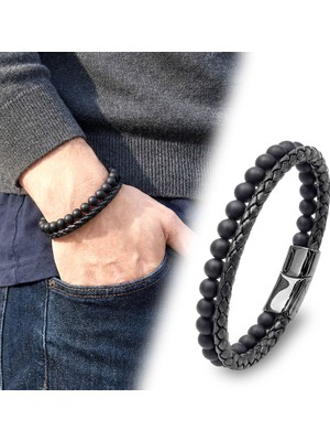 Mestore Oniks Doğaltaş ve Deri Erkek Bileklik 31682B7D1
