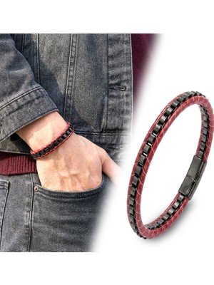 Mestore Siyah Çelik Zincir Örgülü ve Kırmızı Deri Erkek Bileklik 31684B24D2