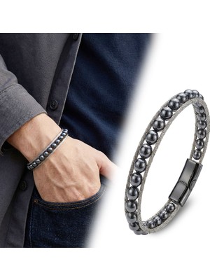 Mestore Hematit Doğal Taş ve Çelik Halat Örme Erkek Bileklik 31682B2DH2