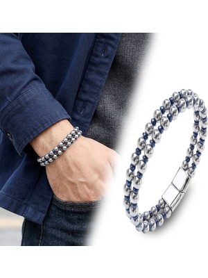 Mestore Çift Gümüş ve Mavi Renk Hematit Çelik Erkek Bileklik 31682B20D3